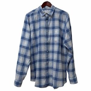 Gap Mens Linen Blend Plaid Button Up Shirt Size L Blue Summer Resort Vacay NEW